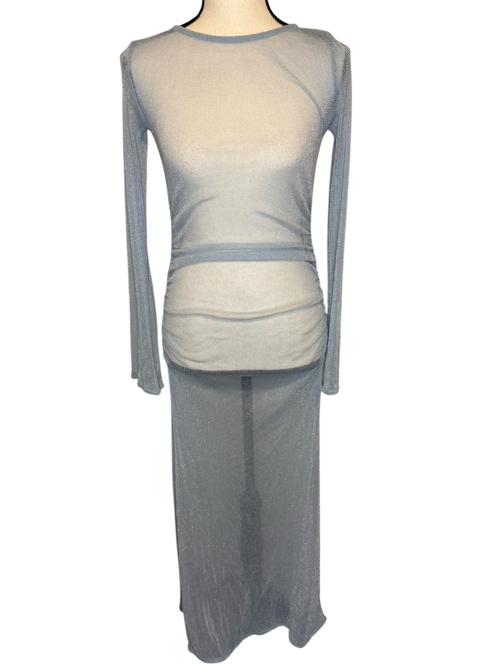 Sheer Long Sleeve Maxi Dress in Light Blue